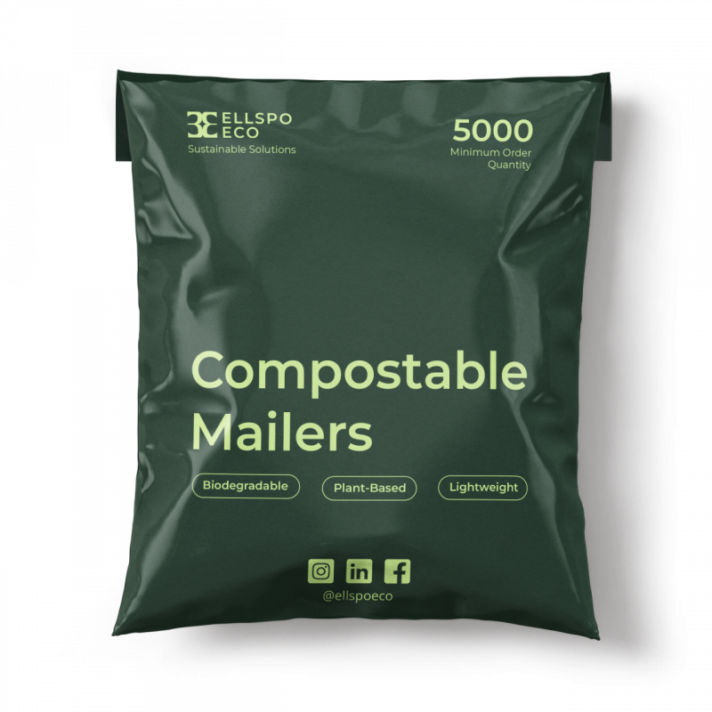 Green customized compostable poly mailer. The text reads, "Compostable Mailer, "Biodegradable", "Plant-Based", "Lightweight"